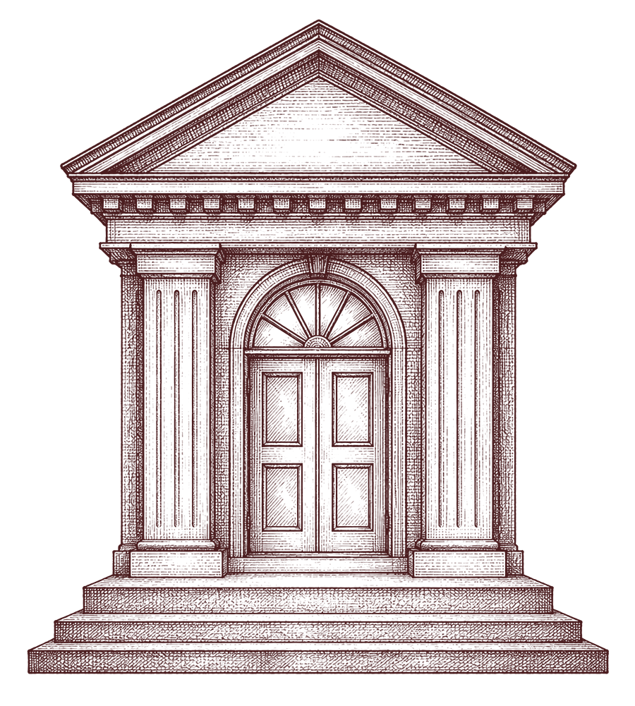 Engraved illustration of a columned portico — the Pecan Row Homes mark